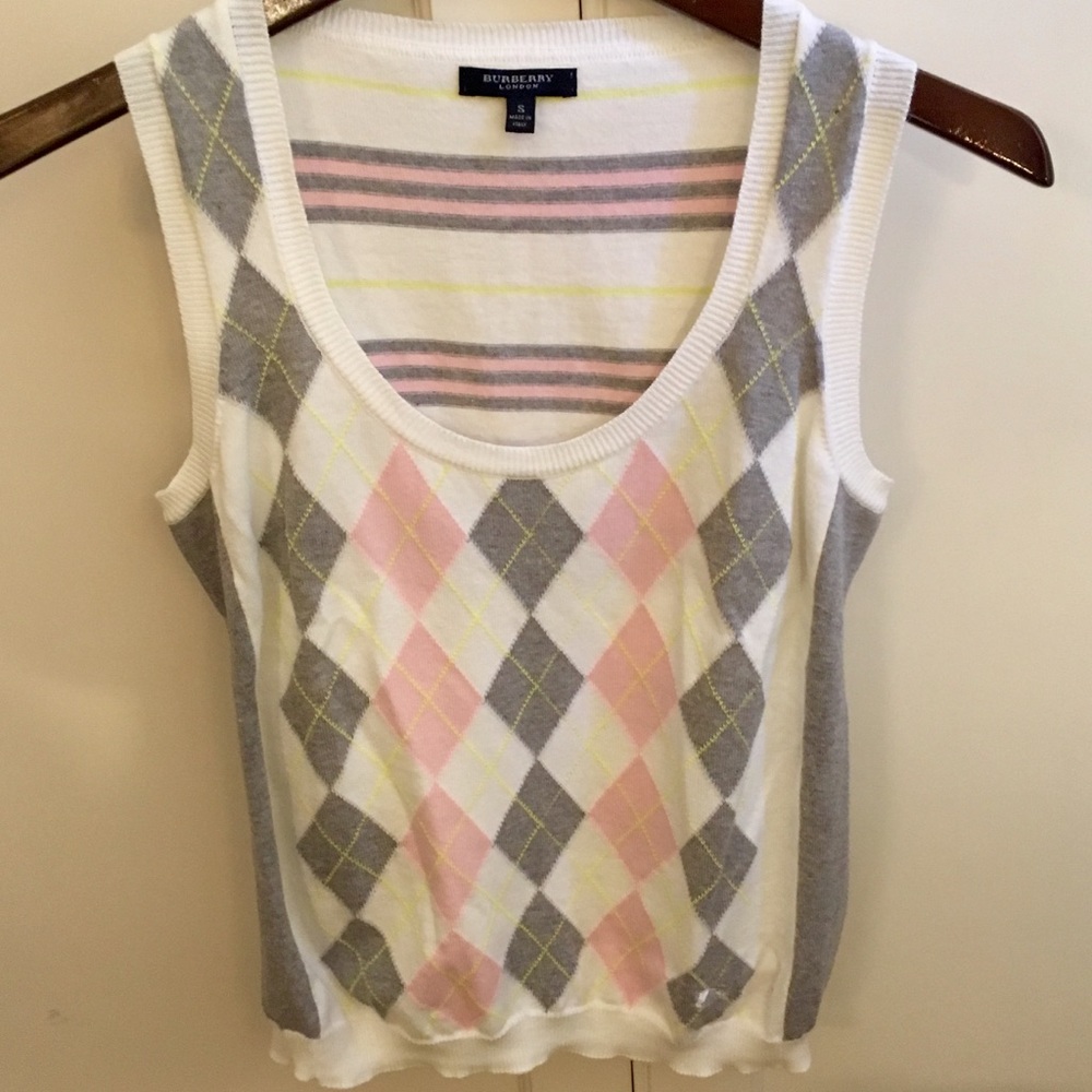 Burberry Pink & Gray Argyle And Stripe Knit Top Gem